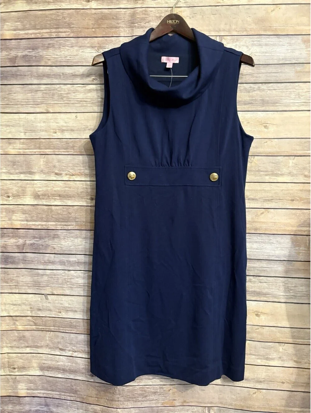Lilly Pulitzer Dress Womens Sz Large Finn Navy Ponte Cowl Neck Shift Stretch New